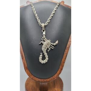 Vintage Scorpion Pendant Necklace Rhinestone Silver Tone Statement